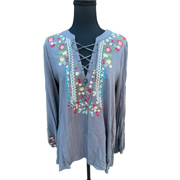 Andrée By Unit Embroidered Lace-Up Tunic Boho Mexican Tunic Top Gray Floral L - Picture 1 of 11